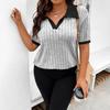 Women's V Neck Short Sleeve Rib Knit Top with White Trim Multi Color Casual Shirt