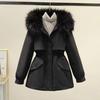 Winter Women Coat Furry Hood Thickened Plush Mid Length Jacket Long Sleeves Elastic Waist Windproof Pockets Zipper Closure