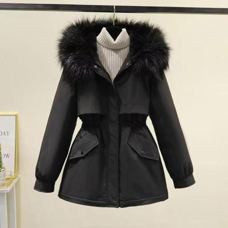 Winter Women Coat Furry Hood Thickened Plush Mid Length Jacket Long Sleeves Elastic Waist Windproof Pockets Zipper Closure