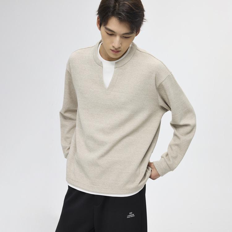 

Men s Gray Faux Two-Piece Round Neck Henley Hoodie - 2025 Autumn/Winter Casual Pullover (No Hood) 3XL