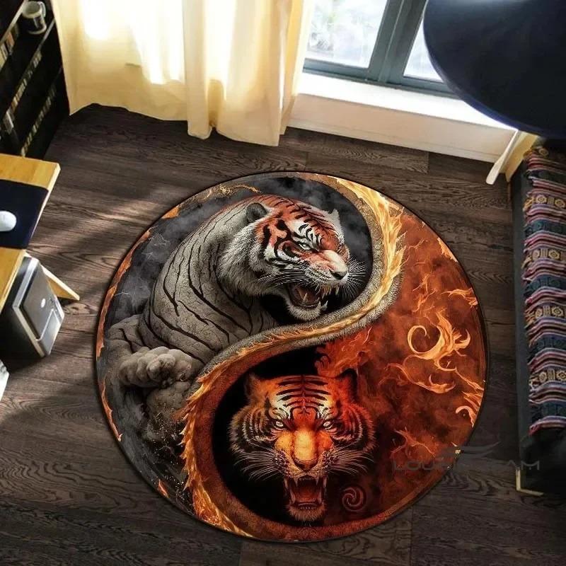 Animal Art Style Round Carpet 3D Printed Coiling Dragon Crouching Tiger Lion Pattern Children's Study Room Floor Mat