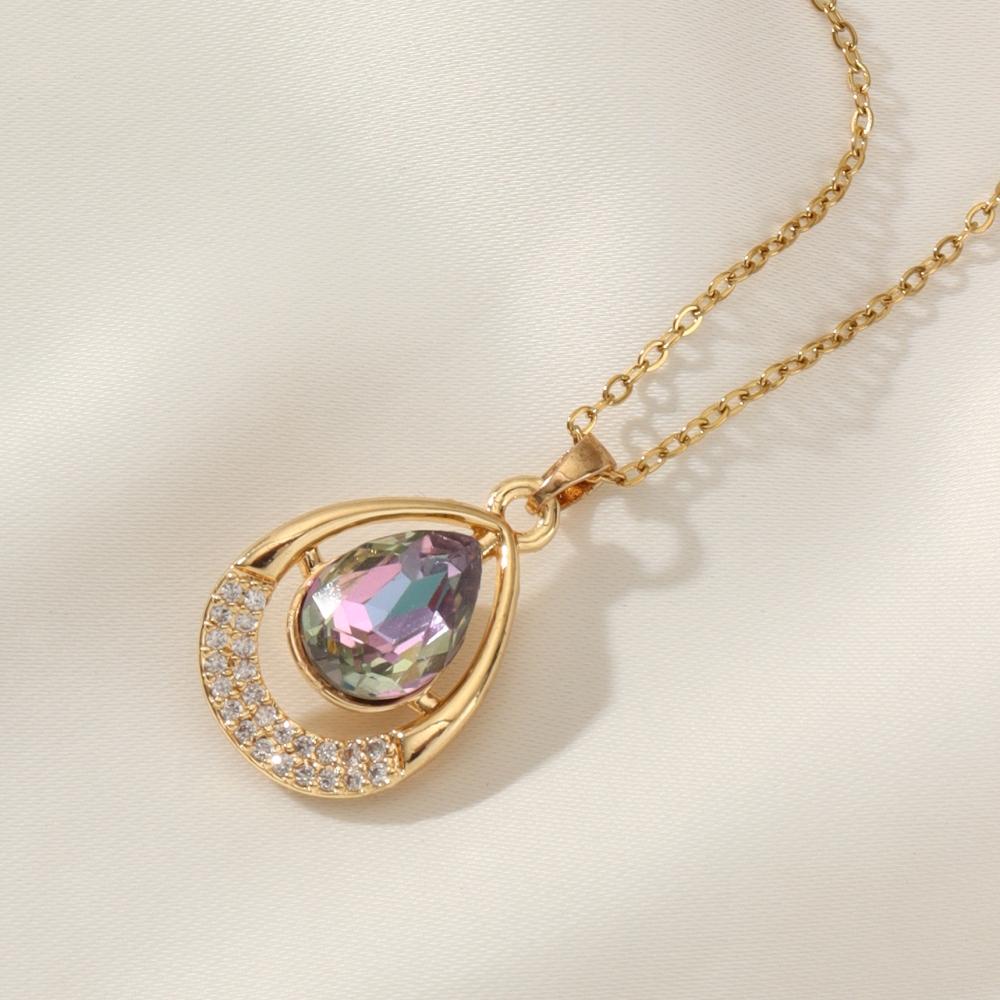 Teardrop Shape Colored Rhinestones Pendant Necklace for Women Golden Stainless Steel Chain Wedding Party Jewelry Accessories