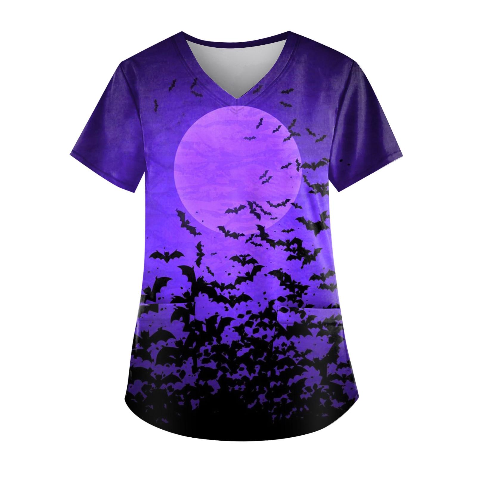 

Плюс размер Хэллоуин печатная рабочая форма Топы для женщин футболки с v-образным вырезом и короткими рукавами рабочая одежда футболка с карманами M фиолетовый