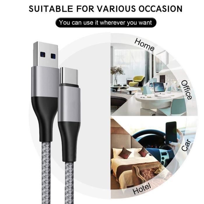 Câble USB-C Rapide pour Xiaomi Redmi 13C/14C, Redmi Note 13 14 Pro - BOOLING - 1M Gris Nylon Tressé