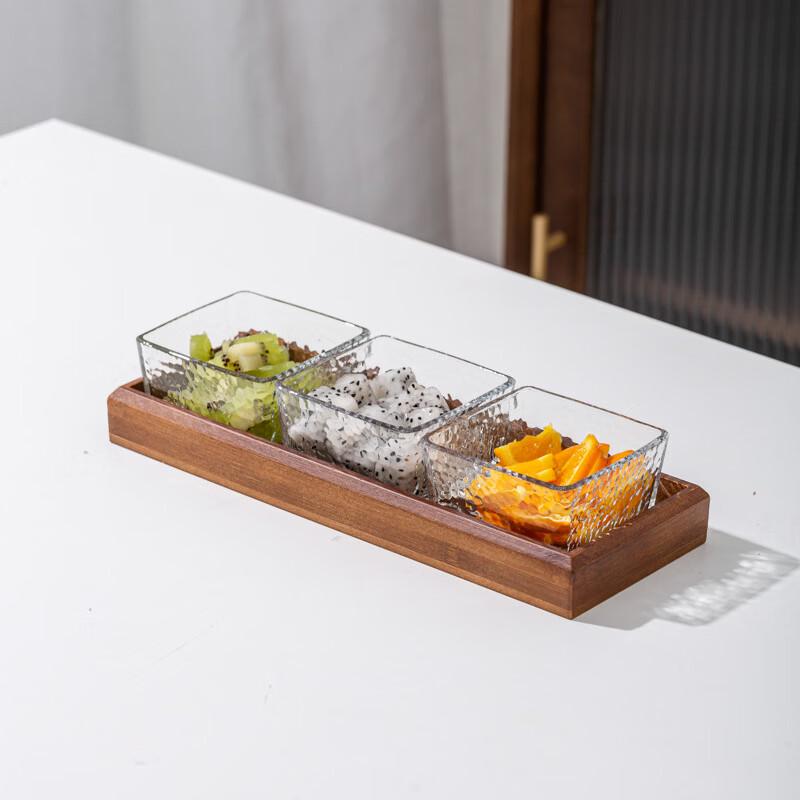 Divided Hammered Glass Snack Bowl Set with Wooden Tray