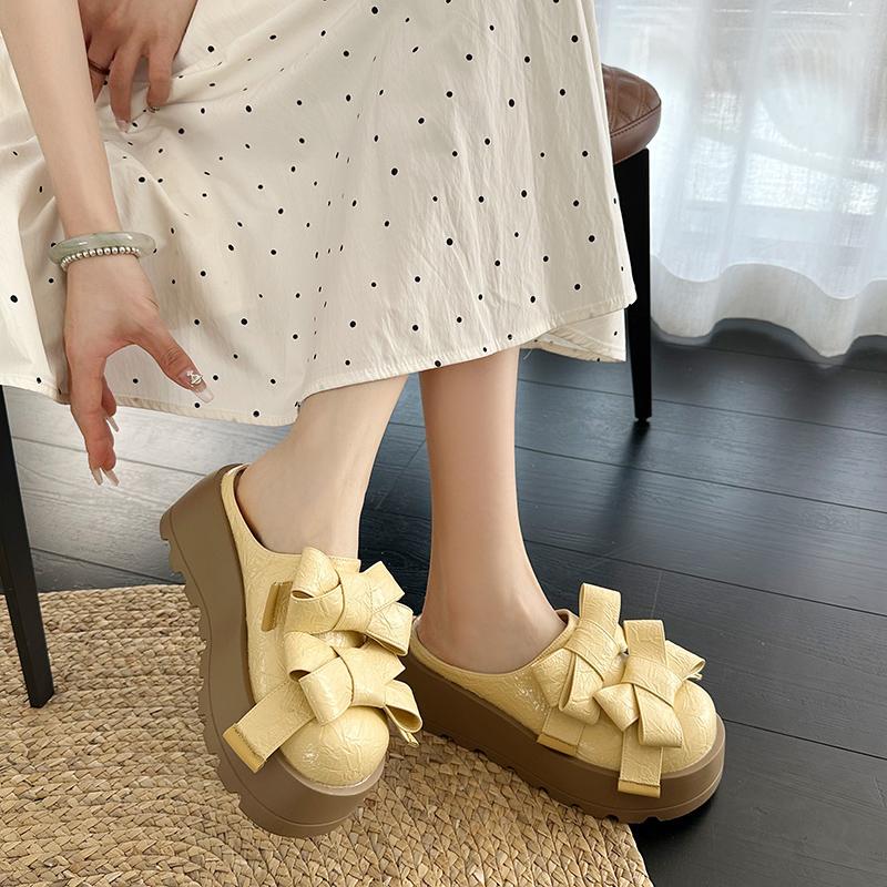 Fashion Summer Butterfly Knot Head Slippers Women Fashion Round Head Deep Mouth Waterproof Platform Non-slip Mid-heels