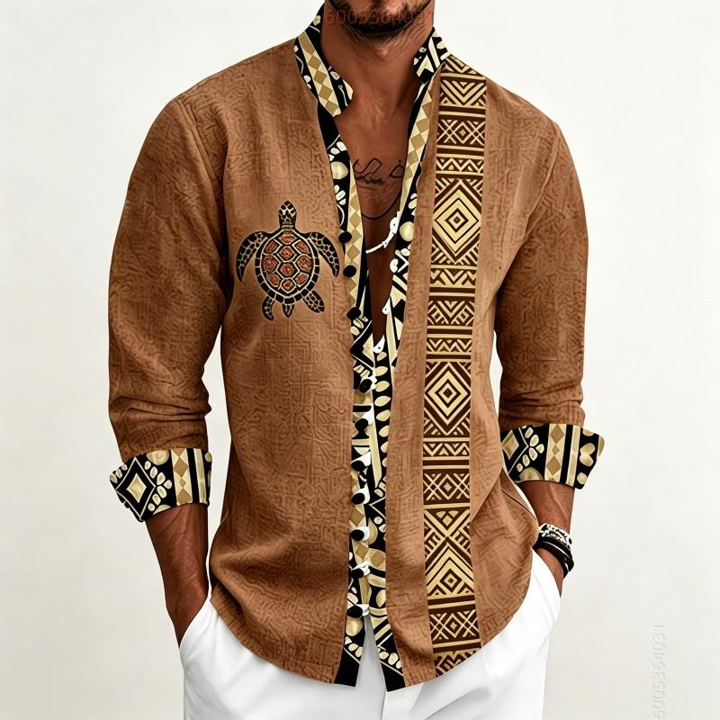 Men's Standing Collar Long Sleeved Shirt with Turtle Ethnic Geometric Pattern Printed Breathable Outdoor Casual Men's Top