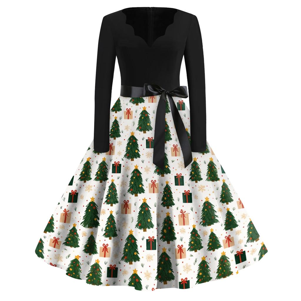 Women's Casual Fashion Christmas Print V-Neck Vintage Dress for Holiday Gatherings