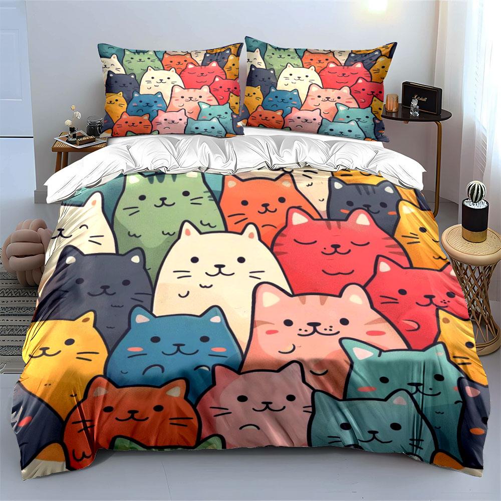 Colorful Cat Pattern Bed Set Bedding Duvet Cover Set Duvet Cover Pillowcases (1 * Duvet Cover 2 * Pillowcases, Without Duvet Insert)
