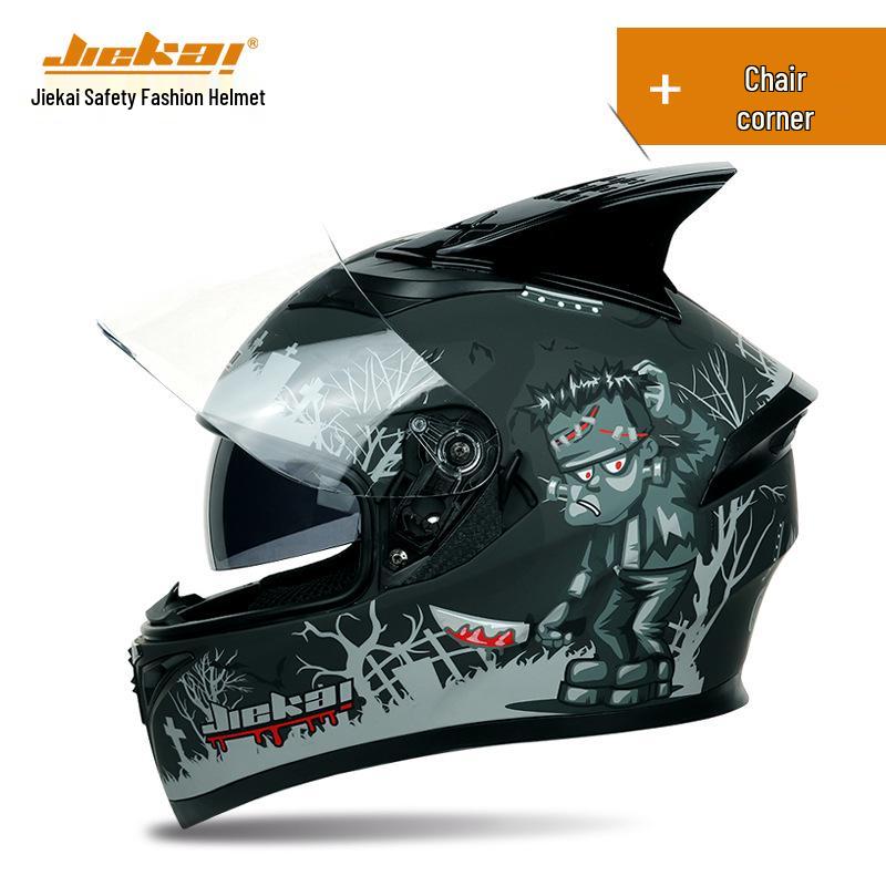 Jiekai Full Face Flip-Up Motorcycle Helmet for Men & Women with Horn Design - All Season Racing Safety Helmet.