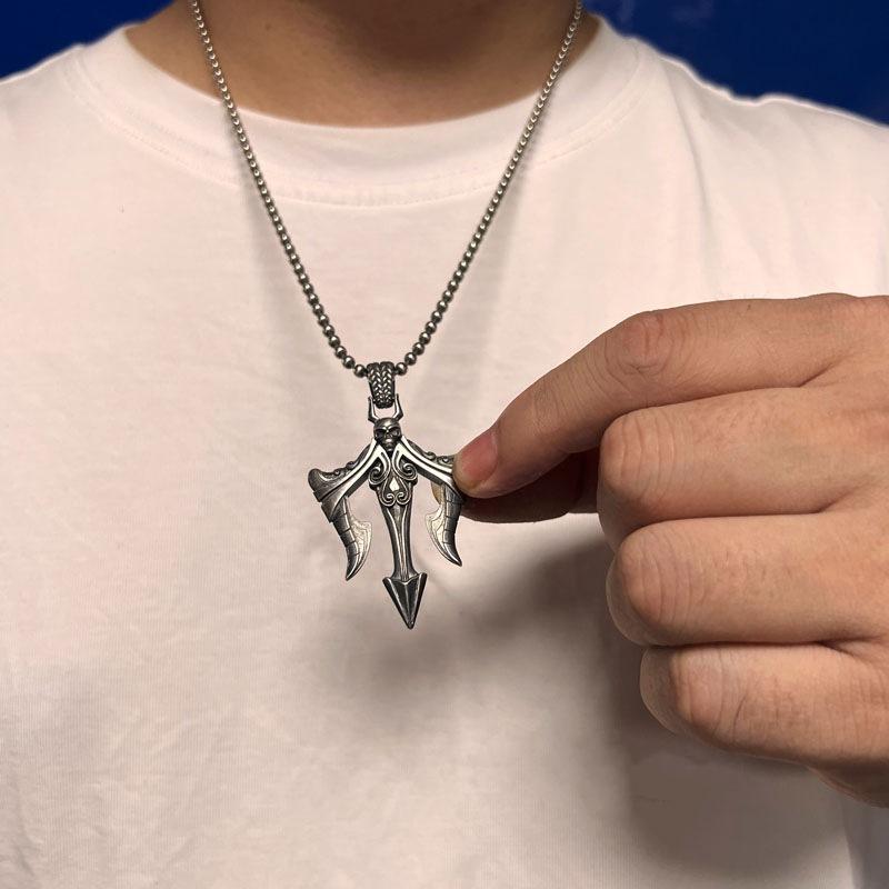 European and American Retro Water Pattern Trident Pendant, Trendy and Versatile Necklace for Men and Women