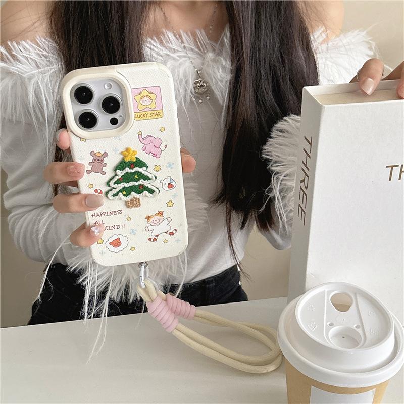 Kreslená ilustrace vyšívaný vánoční stromeček vhodný pro pouzdro na mobilní telefon Apple 16promax 15plus podzim a zima 14/13