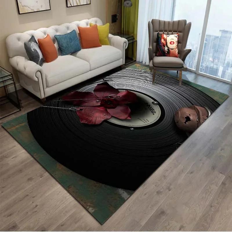 Retro Turntable Record Pattern Area Rug - Soft Fluffy Non-Slip Carpet for Living Room Bedroom - Music Lover Gift Floor Mat