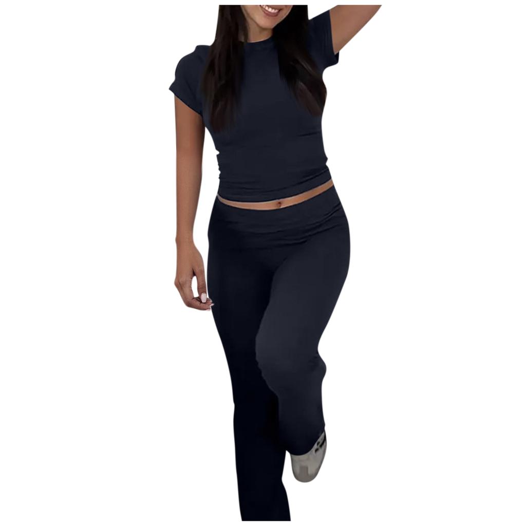 Modisches Damen-Set mit einfarbigem Rundhalsausschnitt, kurzärmeligem Oberteil und Hose mit weitem Bein