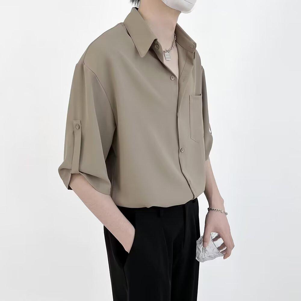 

Рубашка с рукавом пять четвертей для мужчин, топ Ice Silk, не требующий глажки, модный брендовый топ, свободная и универсальная мужская рубашка с коротким рукавом, лето 3XL хаки