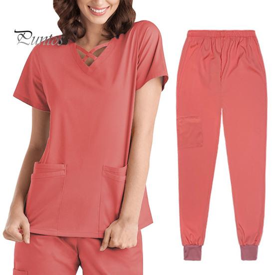 2st/set Unisex sjukhusuniformset V-ringad kortärmad fickor Toppar Elastiska midjebyxor Snabbtorkande sjukhustandvårdsskrubbuniformer
