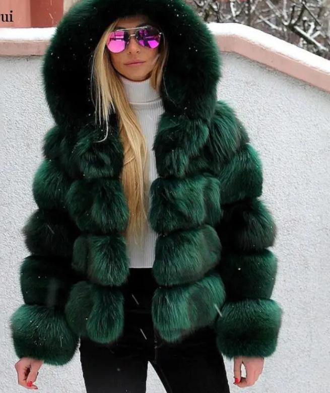 Europe and The United States Hot Sale Fur Coat with Hood Splicing Coat Imitation Fox Fur Fur Faux Fur