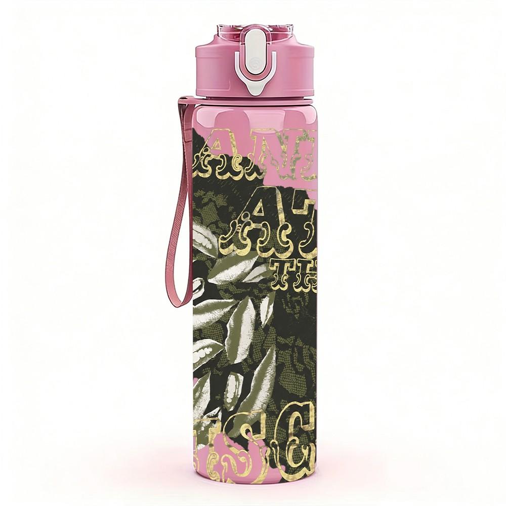 1PC Black Complex Pattern 750ml Sports Water Bottle Leakproof Straw Lid Outdoor Office Home