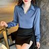 2026 Spring Elegant Women's Blue Satin Square Neck Long Sleeve Shirt