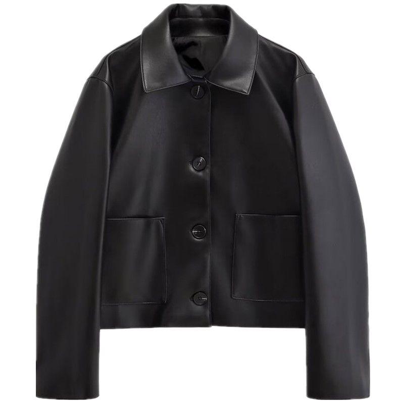 Fashion Style 2024 Autumn New Arrival Women's Elegant Black Leather Lapel Short Leather Jacket 04703813800