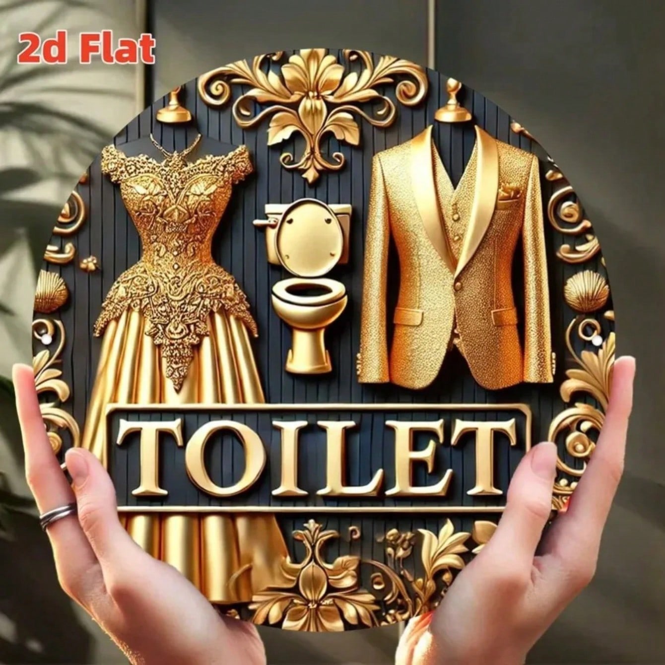 Metal Floral Wall Art Round Aluminum Sign Gold Black 2D Decor Toilet Bathroom Villa Home 20x20