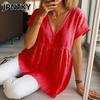 JPNTKY Moda Donna Casual Stampa Colore Unico Manica Corta Scollo a V Camicette & Camicie