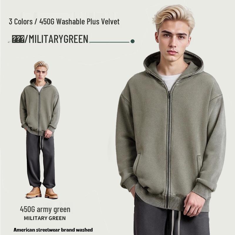 450G Distressed Cotton Hoodie with Fleece Lining - Men s Trendy Autumn Cardigan Jacket XL