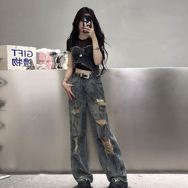 

Модные Удобные Выстиранные Джинсы с Почвой Пустыни, с Рваными Отверстиями, Женские Джинсы Большого Размера, Драпирующиеся Прямые Длинные Джинсы, Волочащиеся по Полу, Джинсы для Женщин, Длинные Джинсовые Брюки 4XL