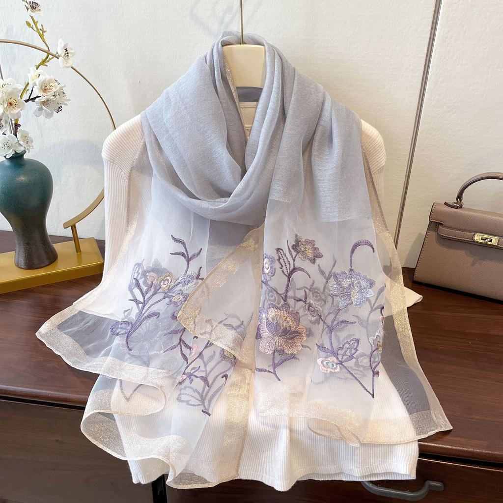Imitation Silk Embroidered Long Silk Scarf for Women's Fashionable and Fashionable Mulberry Silk Sunscreen Scarf
