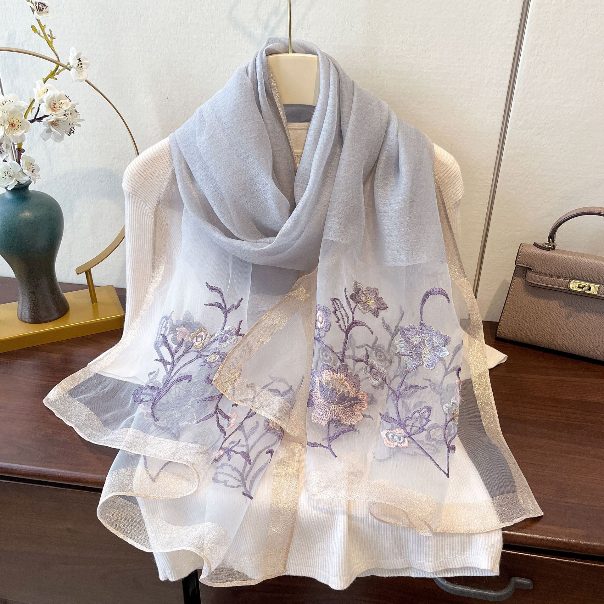 Imitation Silk Embroidered Long Silk Scarf for Women s Fashionable and Fashionable Mulberry Silk Sunscreen Scarf 180*70cm