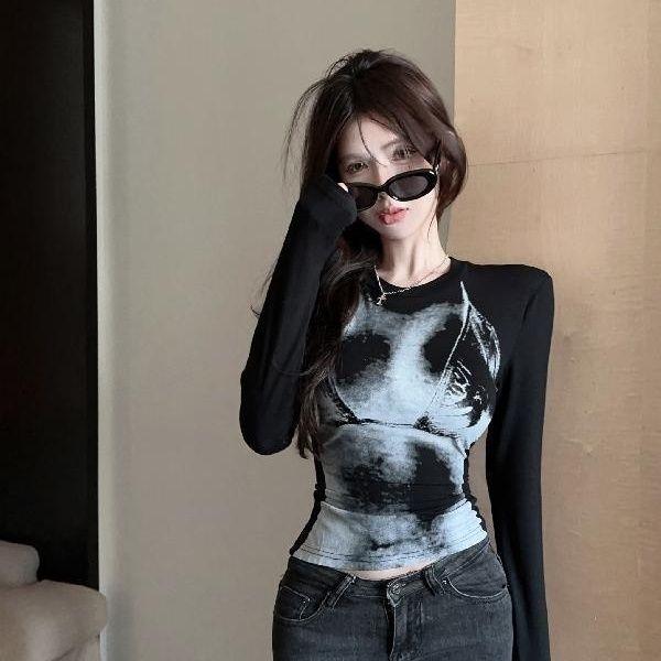 Dziewczęce koszulki Y2K Czarne z nadrukiem Modne Damskie Klubowe Barowe T-shirty Koszulki z długim rękawem Dla kobiet