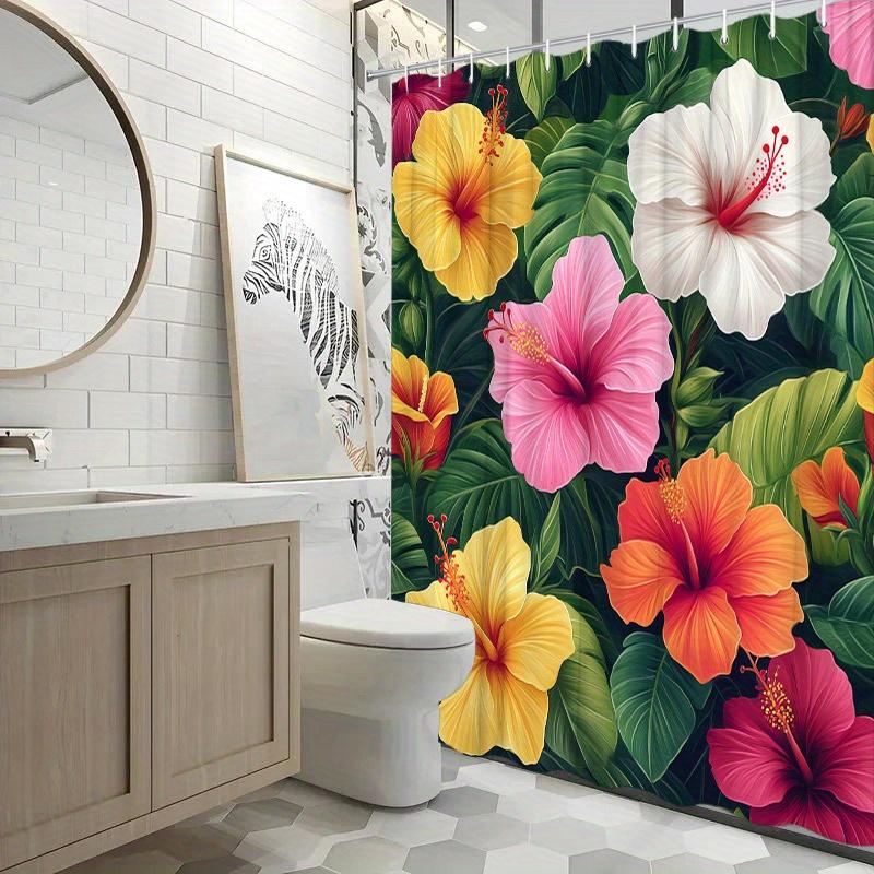 1pc Tropical Hibiscus Shower Curtain - Lush Green Leaves & Colorful Flowers, Polyester, 70.8x70.8", 12 Hooks, Easy Care