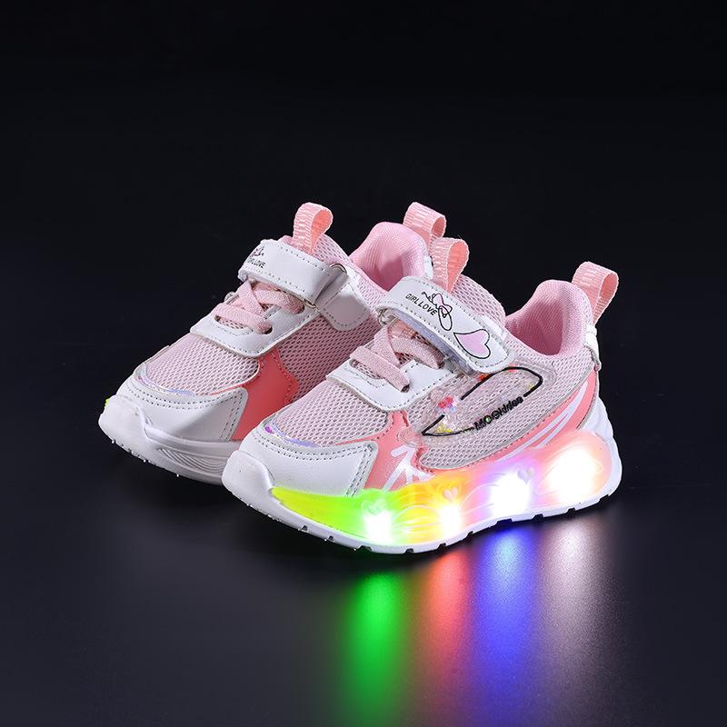 Fashion Kids Sports Shoes Spring New Girl Breath Mesh Shoe Simple Soft Soled Child Casual Shoes Anti Slip Girls LED Light Shoe