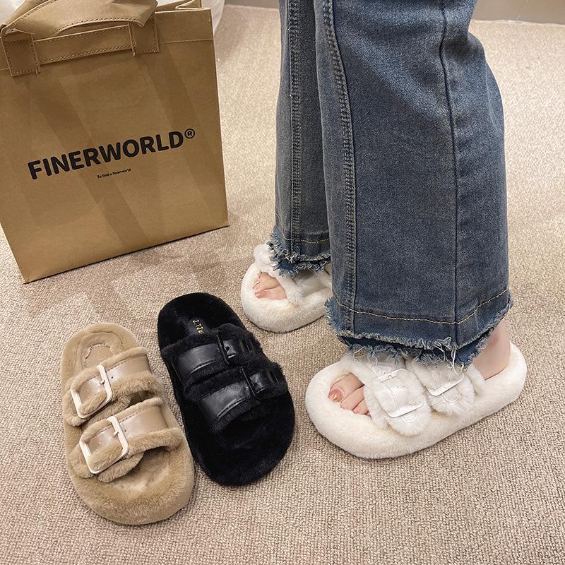 Niche thick-bottomed fluffy slippers women's fashion buckle with autumn and winter one-word mop 2025 new velvet warm cotton mop