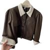 Chic Polo Short Faux Leather Jacket Color Block Vintage Hong Kong Style Fall Outerwear Women