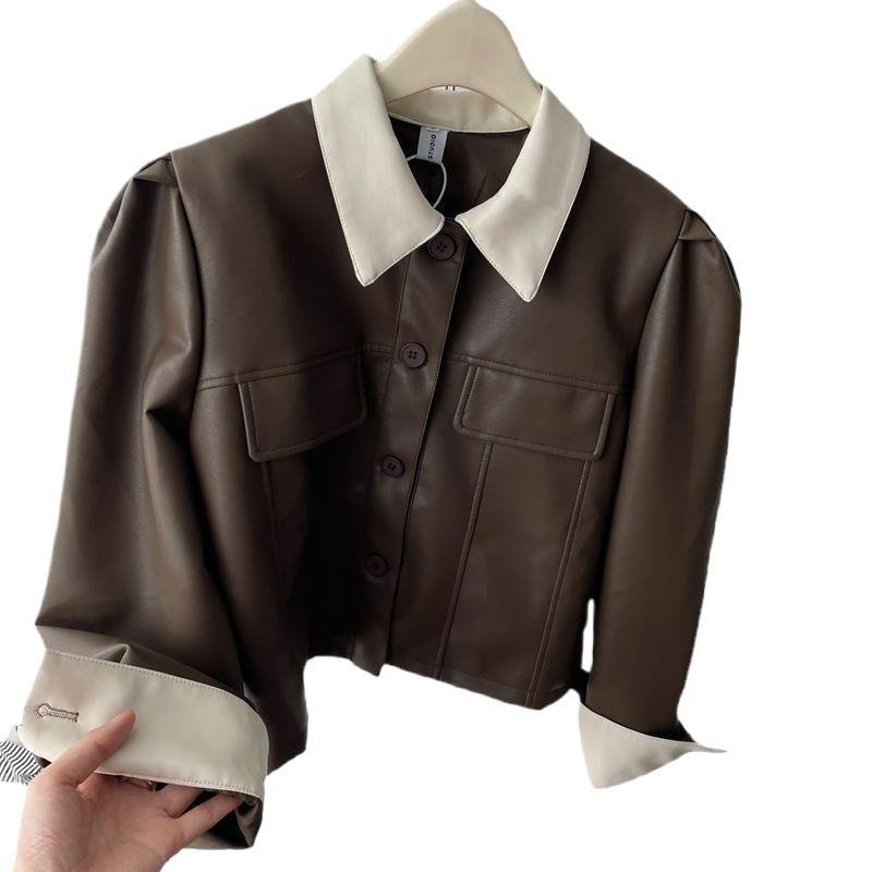 Chic Polo Short Faux Leather Jacket Color Block Vintage Hong Kong Style Fall Outerwear Women