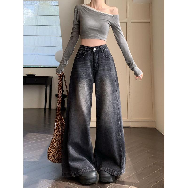 Toamnă American Retro Spălăciți Distressed Jeans Drapat Temperament Versatil Pantaloni cu Picior Larg Femei