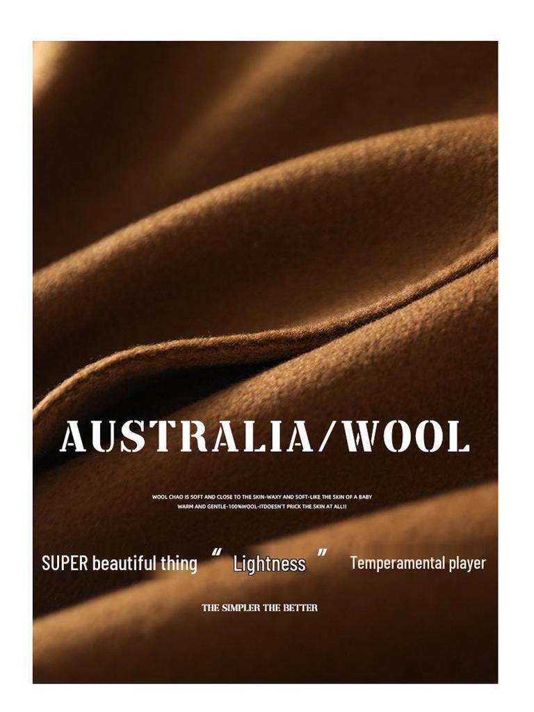 Karmelowy dwustronny kaszmirowy damski płaszcz wełniany średniej długości - Jesień/Zima 2023, dopasowany krój z taliowaniem.