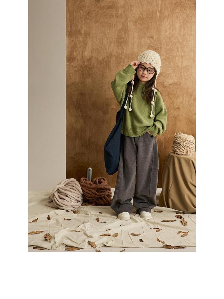 Children's Wool Ribbed Sweater - Round Neck, Cozy Autumn/Winter Base Layer for Girls