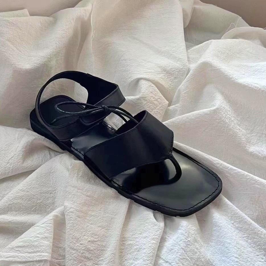 

Cowhide version~ Korean version of retro square head pinch foot flat Roman sandals women s 2025 summer new open-toed cool slippers 40 чёрный