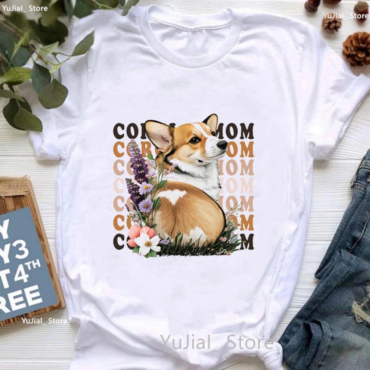 

Corgi Flowers Graphic Print Tshirt Girls German Shorthaired Pug Yorkie Dog T Shirt Women Harajuku Kawaii Clothes XXXXXL білий