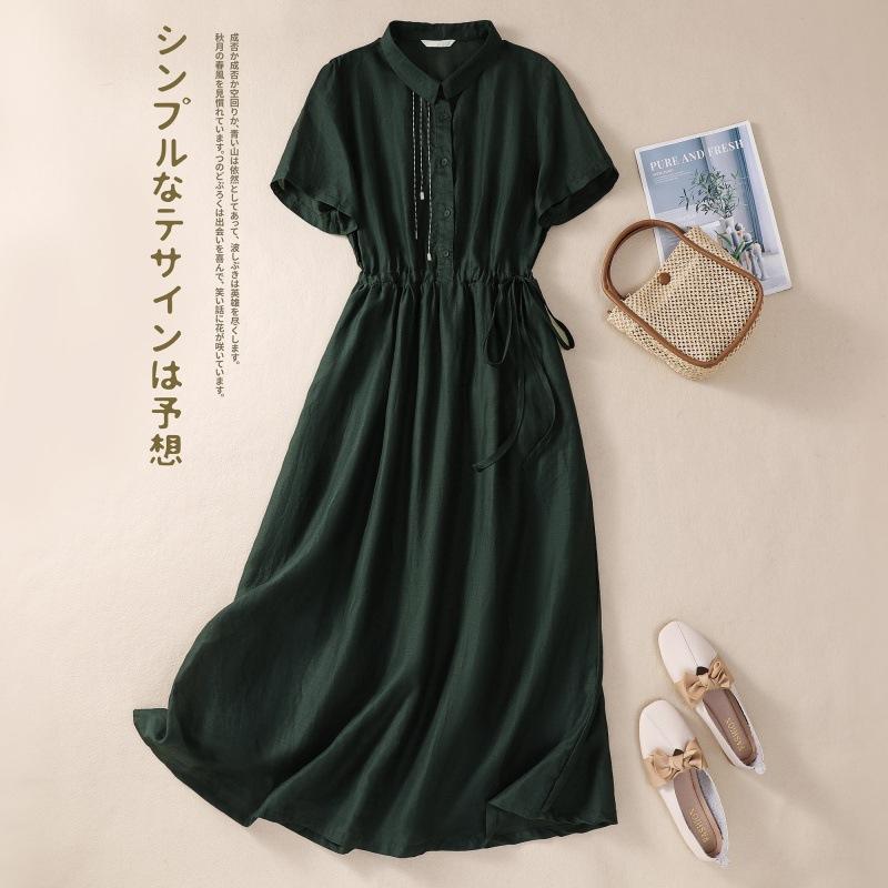 Real Shot Summer Thin Cotton and Linen Literary Simplicity and Thin Medium and Long Short-sleeved Dress Women