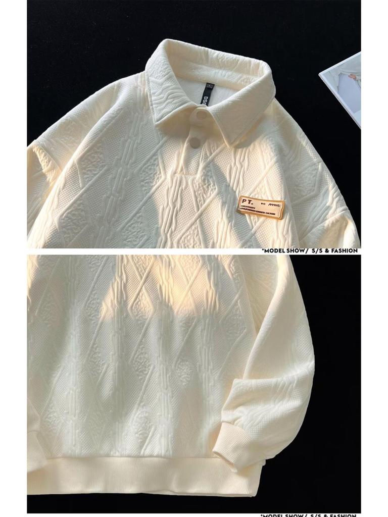 Men's Casual Loose Long Sleeve Polo Hoodie - Trendy Spring/Autumn Lapel Jacquard Top for Couples
