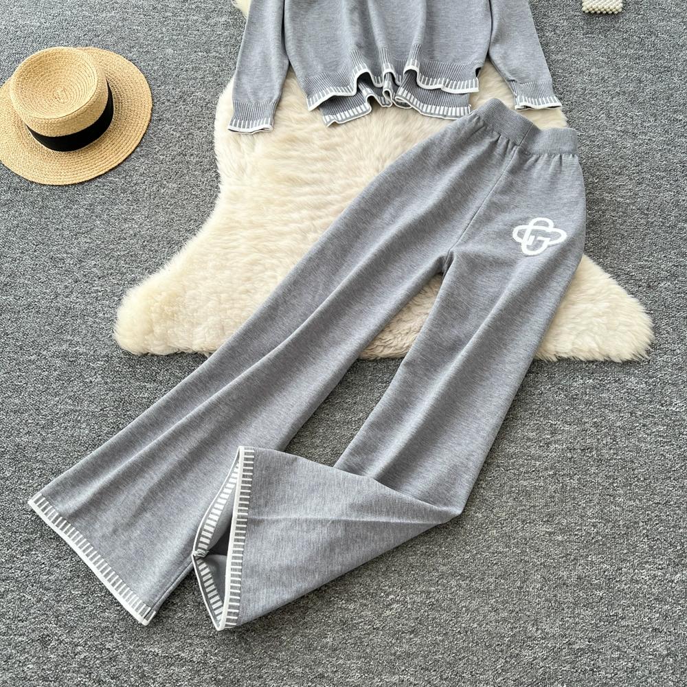 Höst Vinter Dam Casual Stickad Tröja Byxa Tvådelat Set Helärmad Pullover Toppar och Vida Ben Byxor Träningsoverall