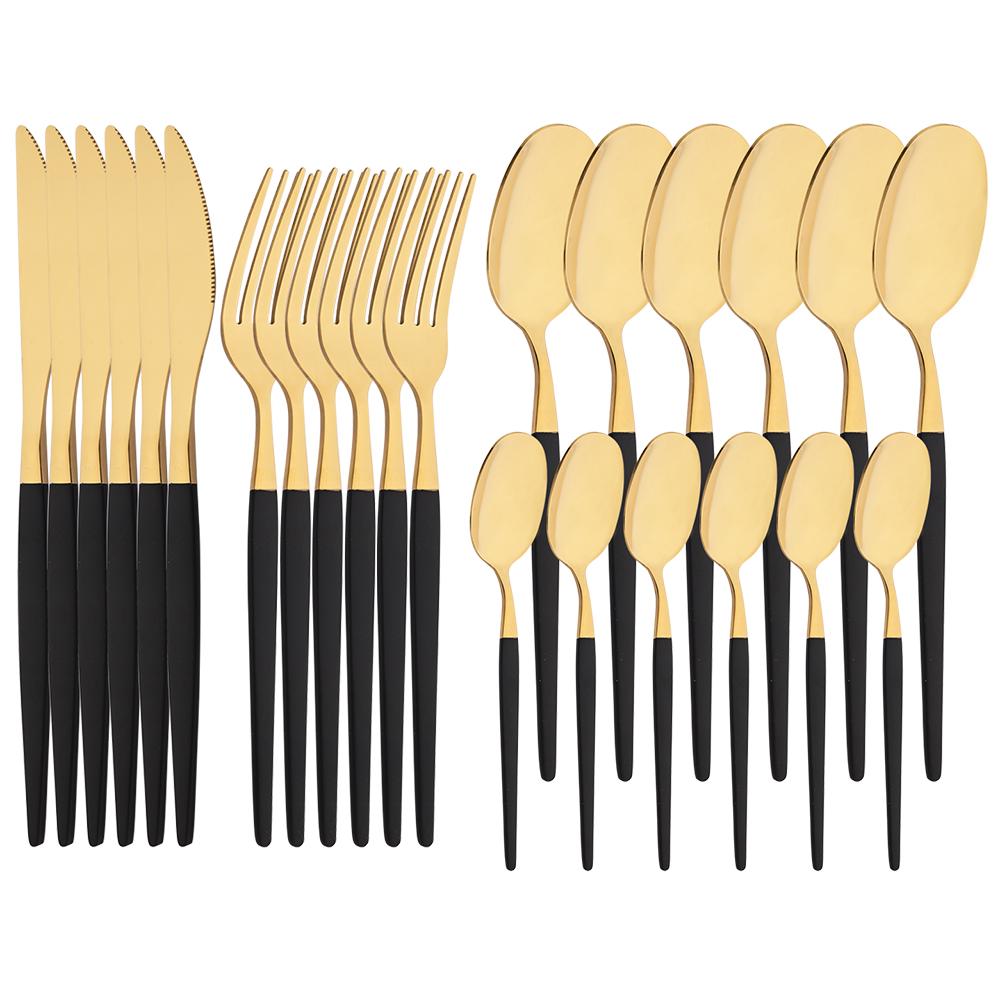 24Pcs Mirror Black Flatware Set Stainless Steel Dinner Knife Fork Coffee Spoon Cutlery Set Kitchen Tableware Dinnerware Set