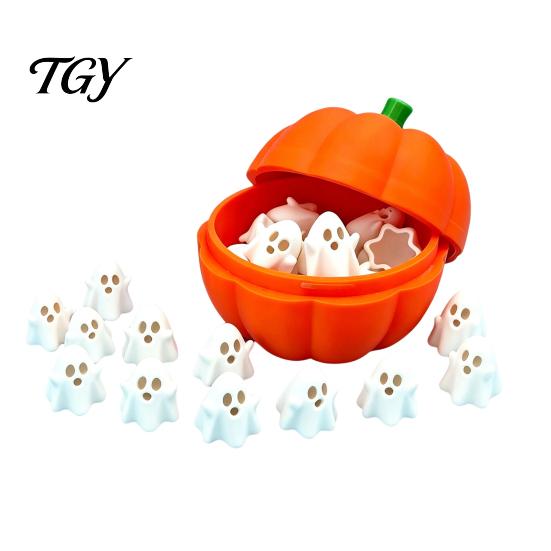 Decorative Pumpkin Container Halloween Box with 20 Mini Ghosts, Storage for Candy & Ghost Figurines Treat, Lid Trick or Treat Holiday Party