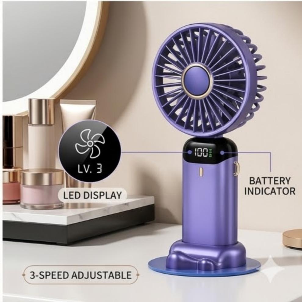 Portable Blue Mini Fan, 5-Speed USB Rechargeable Handheld Fan with LED Display, Foldable Desk Fan for Travel, Office & Outdoor