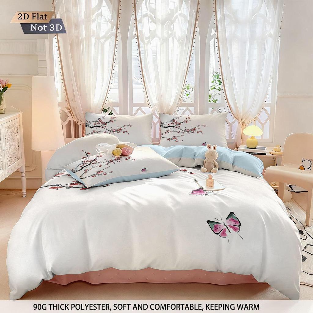 Three-Piece Pink Plum Blossom Brushed Duvet Cover Bedding Set - Custom Patterns Available