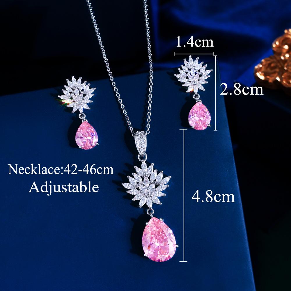 Wunderschönes Schmuckset mit Halskette und Ohrringen aus Zirkonia im Birnenschliff, Verlobungs-Schmuckset mit rosa Anhänger für Damen, Tägliche Wear Accessoires