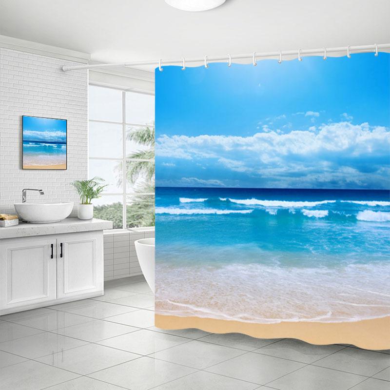 Shower Curtain Bathroom Fabric Non-Punching Beach Natural Scenery Digital Printing Shower Curtain With 12 Hooks